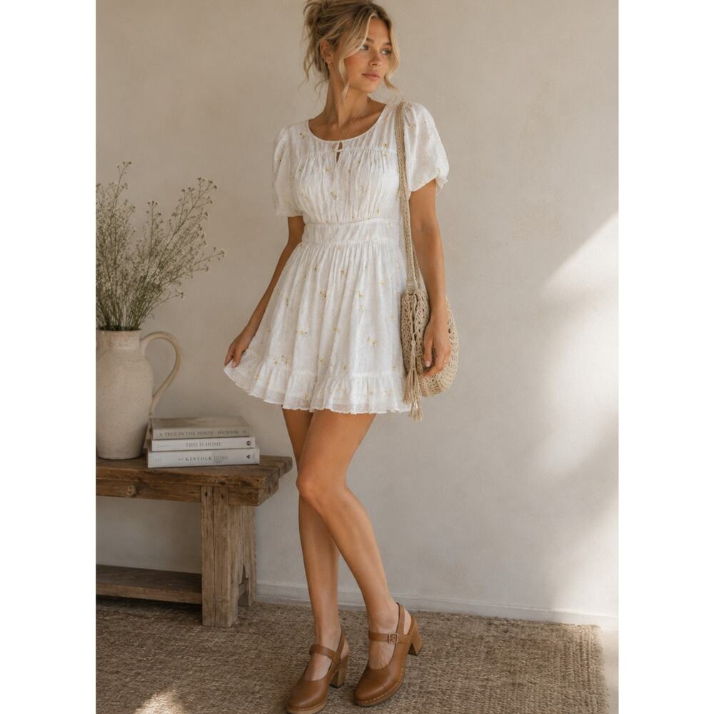 For Love & Lemons White Embroidered Yellow Daisy Mini Dress Womens S Eyelet